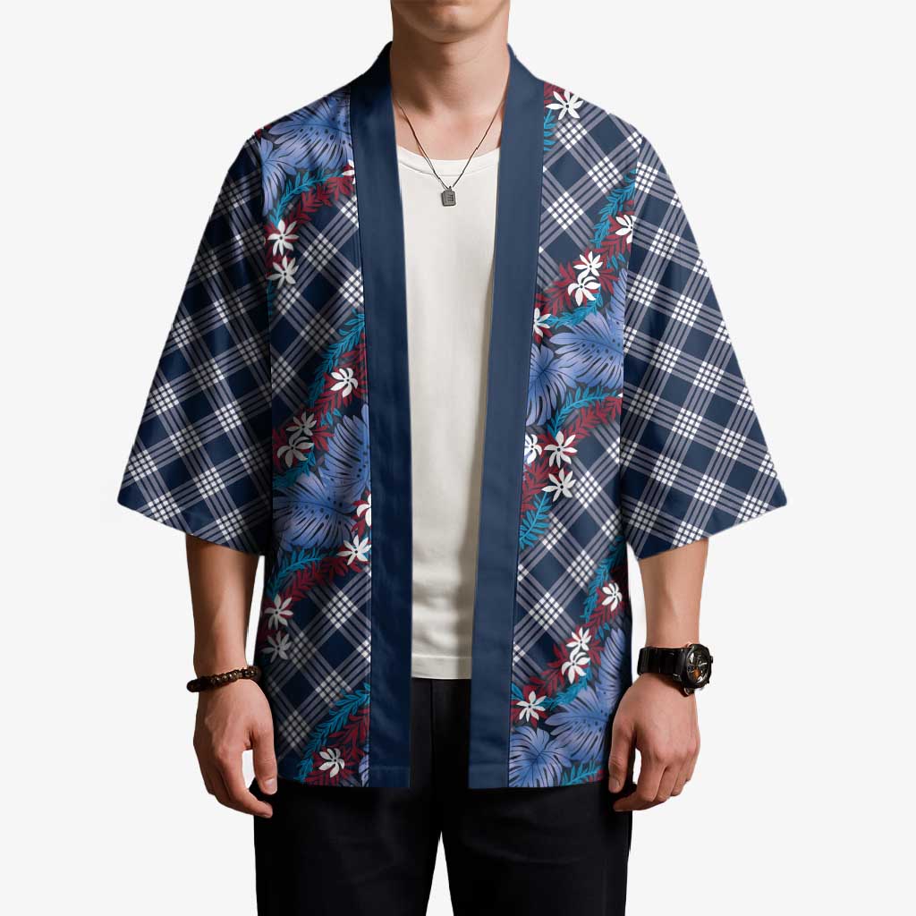 Polynesian Monstera Tiare Floral Kimono Royal Blue Tropical Plaid LT01 - Polynesian Pride