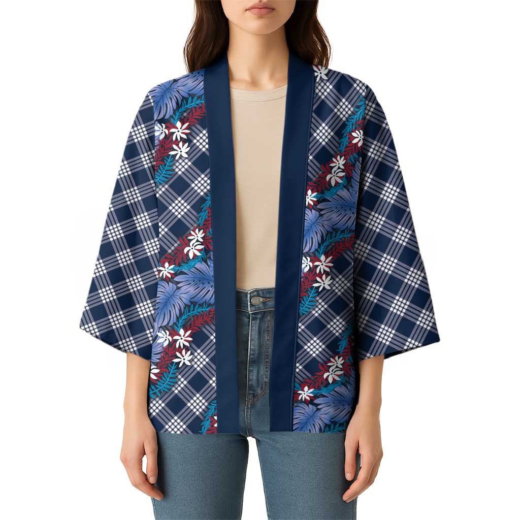 Polynesian Monstera Tiare Floral Kimono Royal Blue Tropical Plaid LT01 - Polynesian Pride