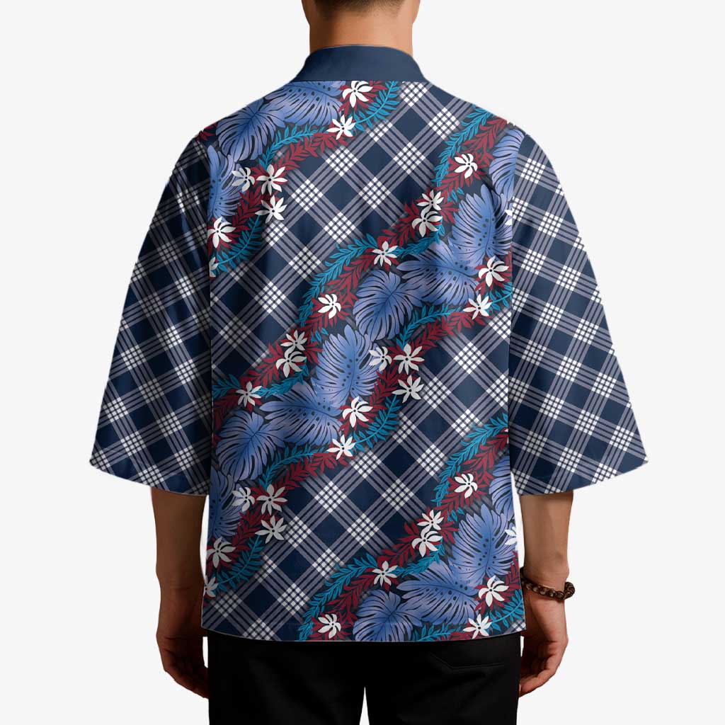 Polynesian Monstera Tiare Floral Kimono Royal Blue Tropical Plaid LT01 - Polynesian Pride