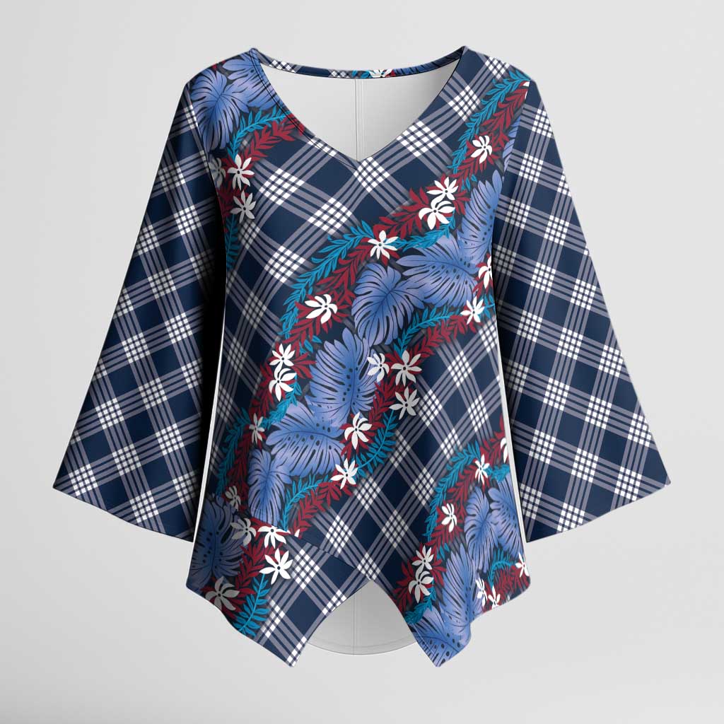 Polynesian Monstera Tiare Floral Kimono Sleeve Blouse Royal Blue Tropical Plaid LT01 Female Blue - Polynesian Pride