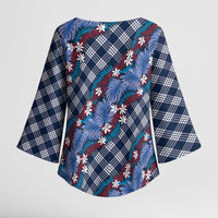Polynesian Monstera Tiare Floral Kimono Sleeve Blouse Royal Blue Tropical Plaid LT01 - Polynesian Pride