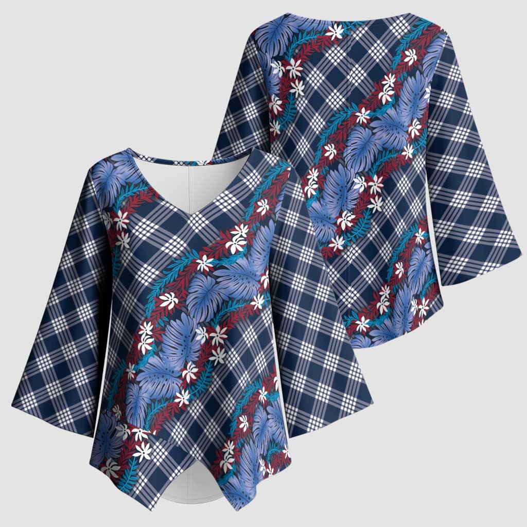 Polynesian Monstera Tiare Floral Kimono Sleeve Blouse Royal Blue Tropical Plaid LT01 - Polynesian Pride