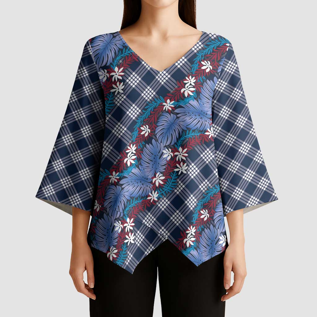 Polynesian Monstera Tiare Floral Kimono Sleeve Blouse Royal Blue Tropical Plaid LT01 - Polynesian Pride