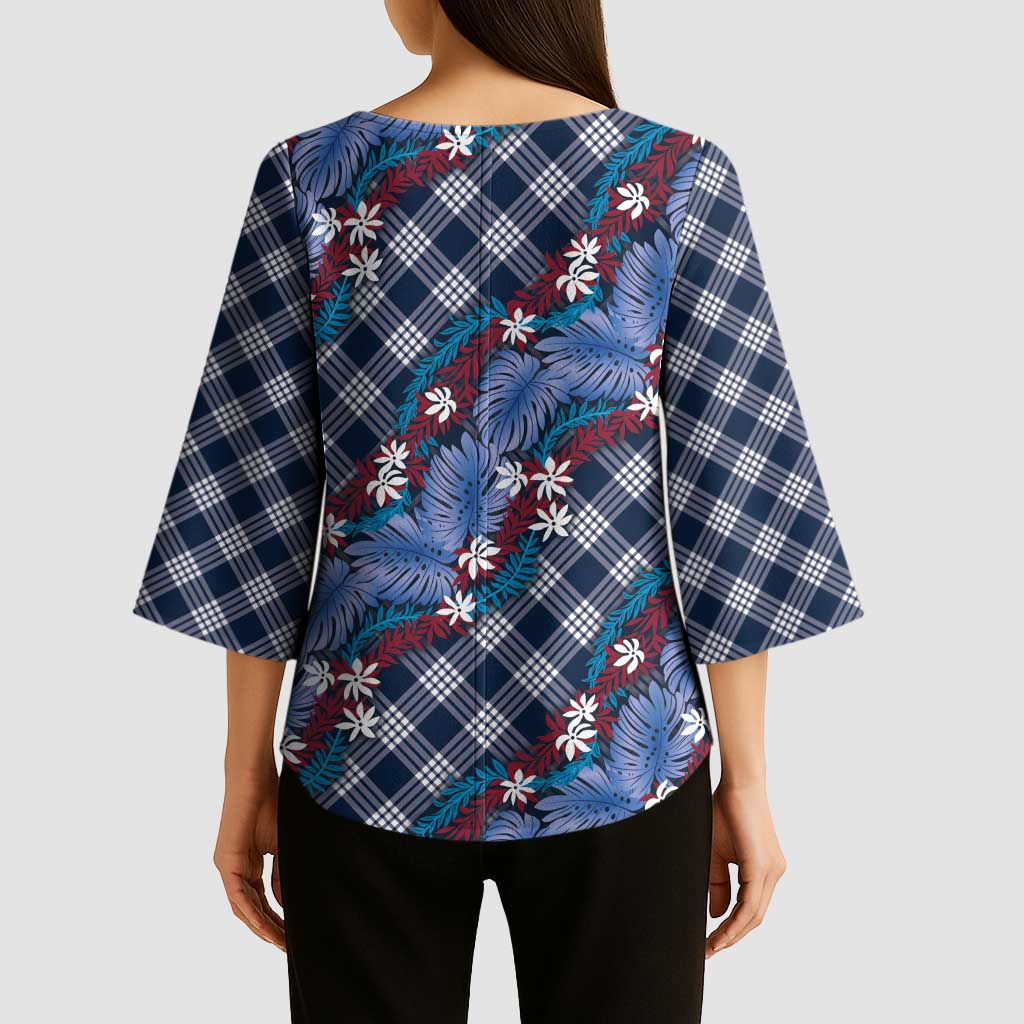 Polynesian Monstera Tiare Floral Kimono Sleeve Blouse Royal Blue Tropical Plaid LT01 - Polynesian Pride