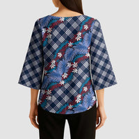Polynesian Monstera Tiare Floral Kimono Sleeve Blouse Royal Blue Tropical Plaid LT01 - Polynesian Pride