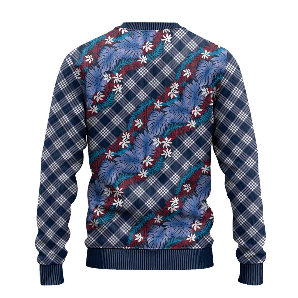 Polynesian Monstera Tiare Floral Ugly Christmas Sweater Royal Blue Tropical Plaid - Polynesian Pride