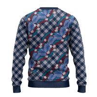 Polynesian Monstera Tiare Floral Ugly Christmas Sweater Royal Blue Tropical Plaid - Polynesian Pride
