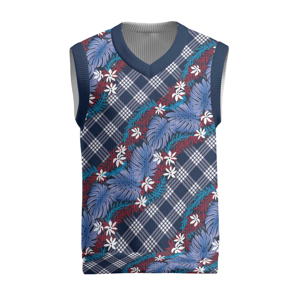 Polynesian Monstera Tiare Floral Christmas Knitted V-Neck Vest Royal Blue Tropical Plaid LT01 Blue - Polynesian Pride