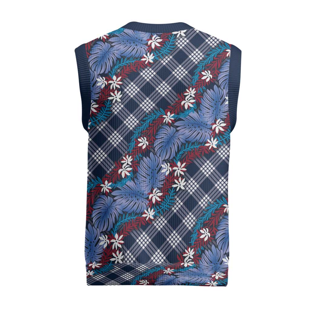 Polynesian Monstera Tiare Floral Christmas Knitted V-Neck Vest Royal Blue Tropical Plaid LT01 - Polynesian Pride