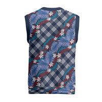 Polynesian Monstera Tiare Floral Christmas Knitted V-Neck Vest Royal Blue Tropical Plaid LT01 - Polynesian Pride