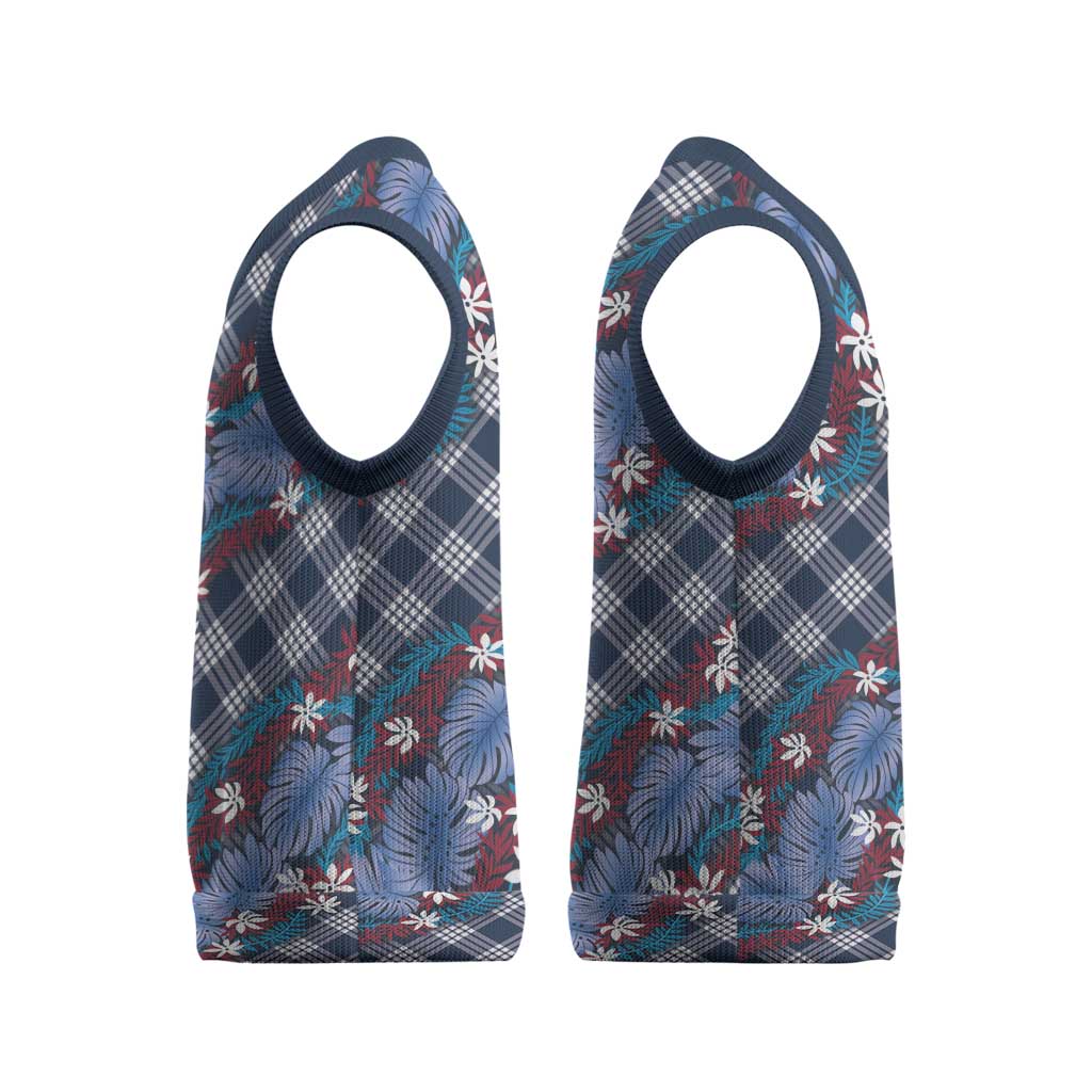 Polynesian Monstera Tiare Floral Christmas Knitted V-Neck Vest Royal Blue Tropical Plaid LT01 - Polynesian Pride