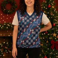 Polynesian Monstera Tiare Floral Christmas Knitted V-Neck Vest Royal Blue Tropical Plaid LT01 - Polynesian Pride