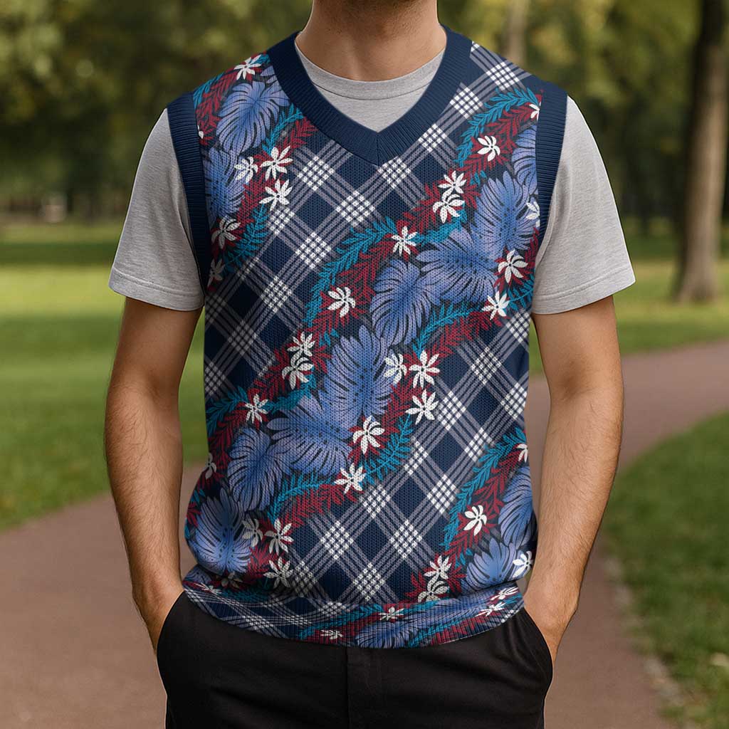 Polynesian Monstera Tiare Floral Christmas Knitted V-Neck Vest Royal Blue Tropical Plaid LT01 - Polynesian Pride