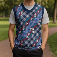 Polynesian Monstera Tiare Floral Christmas Knitted V-Neck Vest Royal Blue Tropical Plaid LT01 - Polynesian Pride