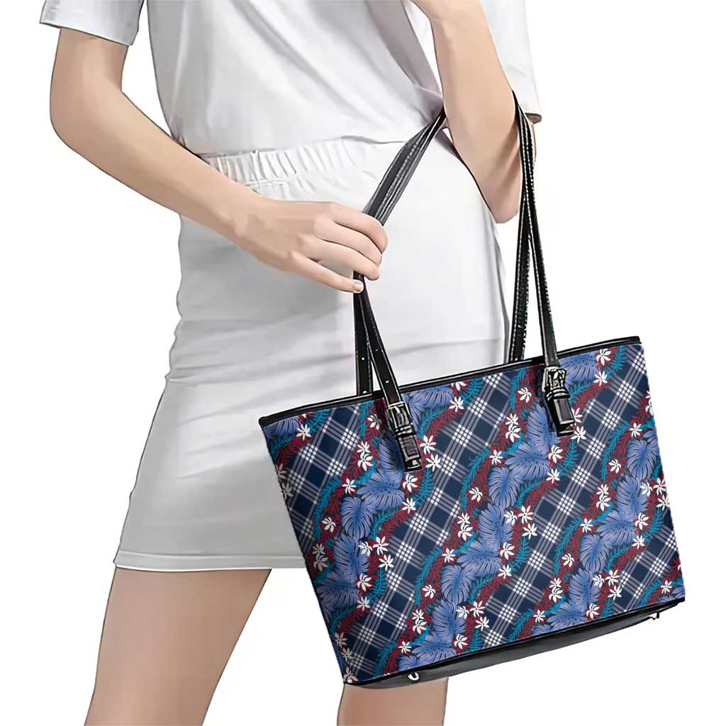Polynesian Monstera Tiare Floral Leather Tote Bag Royal Blue Tropical Plaid - Polynesian Pride