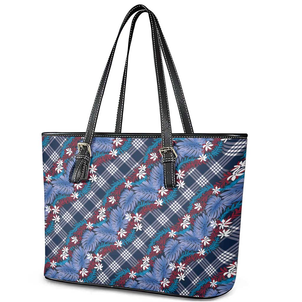Polynesian Monstera Tiare Floral Leather Tote Bag Royal Blue Tropical Plaid - Polynesian Pride