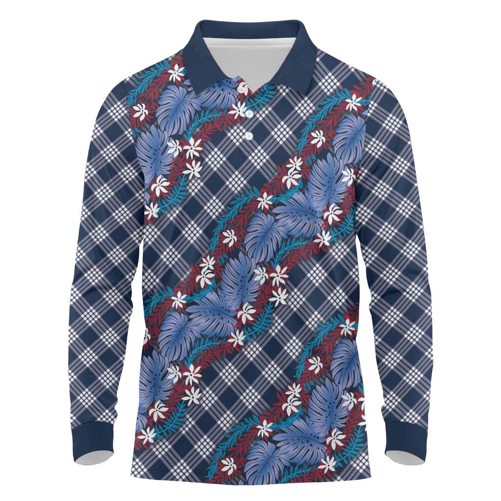 Polynesian Monstera Tiare Floral Long Sleeve Polo Shirt Royal Blue Tropical Plaid LT01 Blue - Polynesian Pride