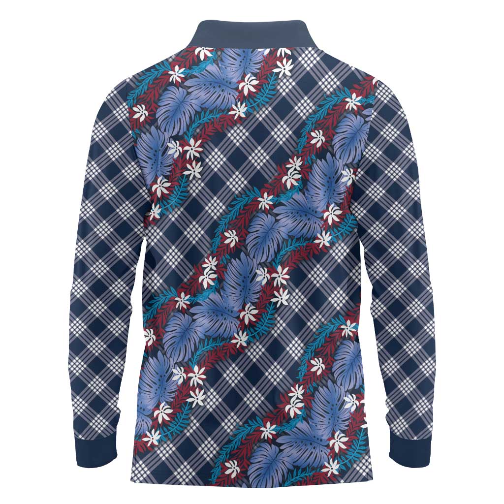 Polynesian Monstera Tiare Floral Long Sleeve Polo Shirt Royal Blue Tropical Plaid LT01 - Polynesian Pride