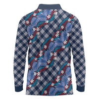 Polynesian Monstera Tiare Floral Long Sleeve Polo Shirt Royal Blue Tropical Plaid LT01 - Polynesian Pride