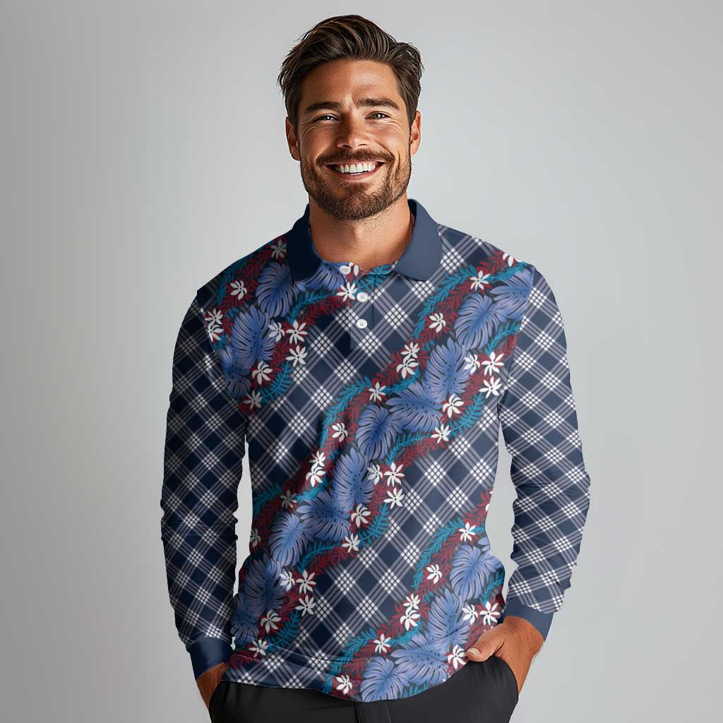 Polynesian Monstera Tiare Floral Long Sleeve Polo Shirt Royal Blue Tropical Plaid LT01 - Polynesian Pride