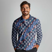 Polynesian Monstera Tiare Floral Long Sleeve Polo Shirt Royal Blue Tropical Plaid LT01 - Polynesian Pride