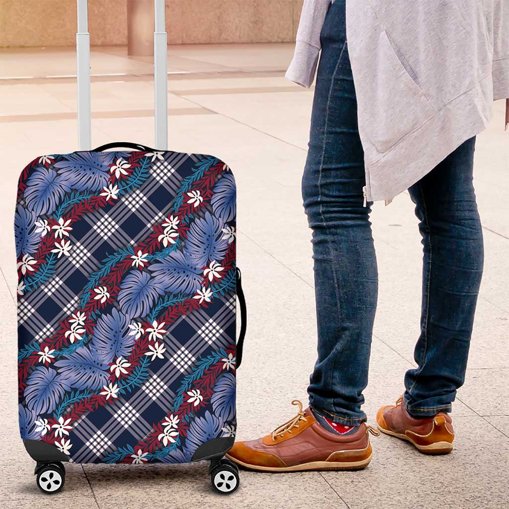 Polynesian Monstera Tiare Floral Luggage Cover Royal Blue Tropical Plaid - Polynesian Pride