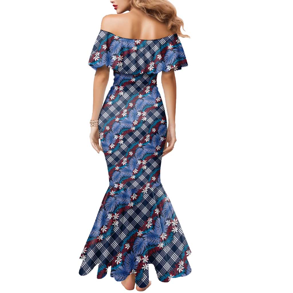 Polynesian Monstera Tiare Floral Mermaid Dress Royal Blue Tropical Plaid LT01 - Polynesian Pride