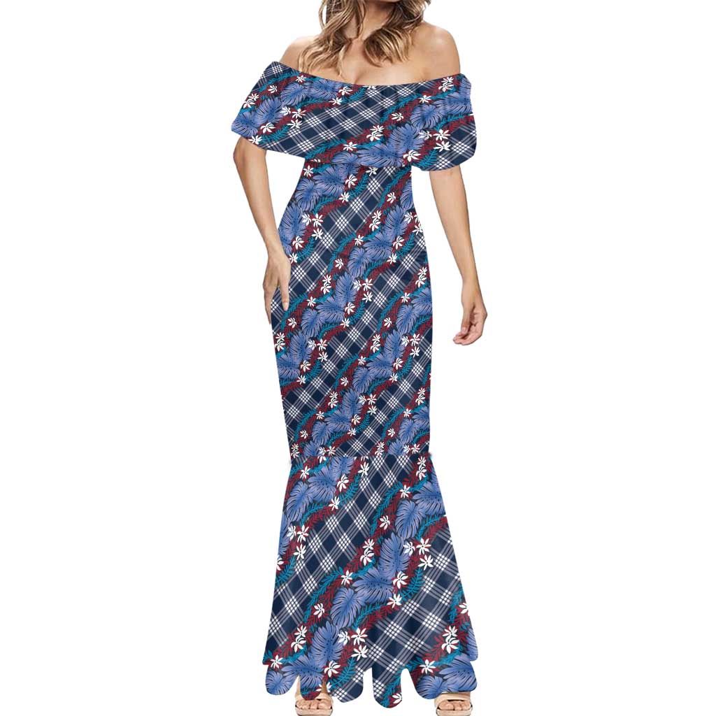 Polynesian Monstera Tiare Floral Mermaid Dress Royal Blue Tropical Plaid LT01 - Polynesian Pride