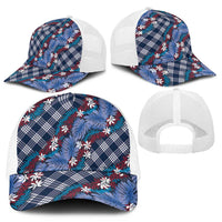 Polynesian Monstera Tiare Floral Mesh Trucker Cap Royal Blue Tropical Plaid - Polynesian Pride