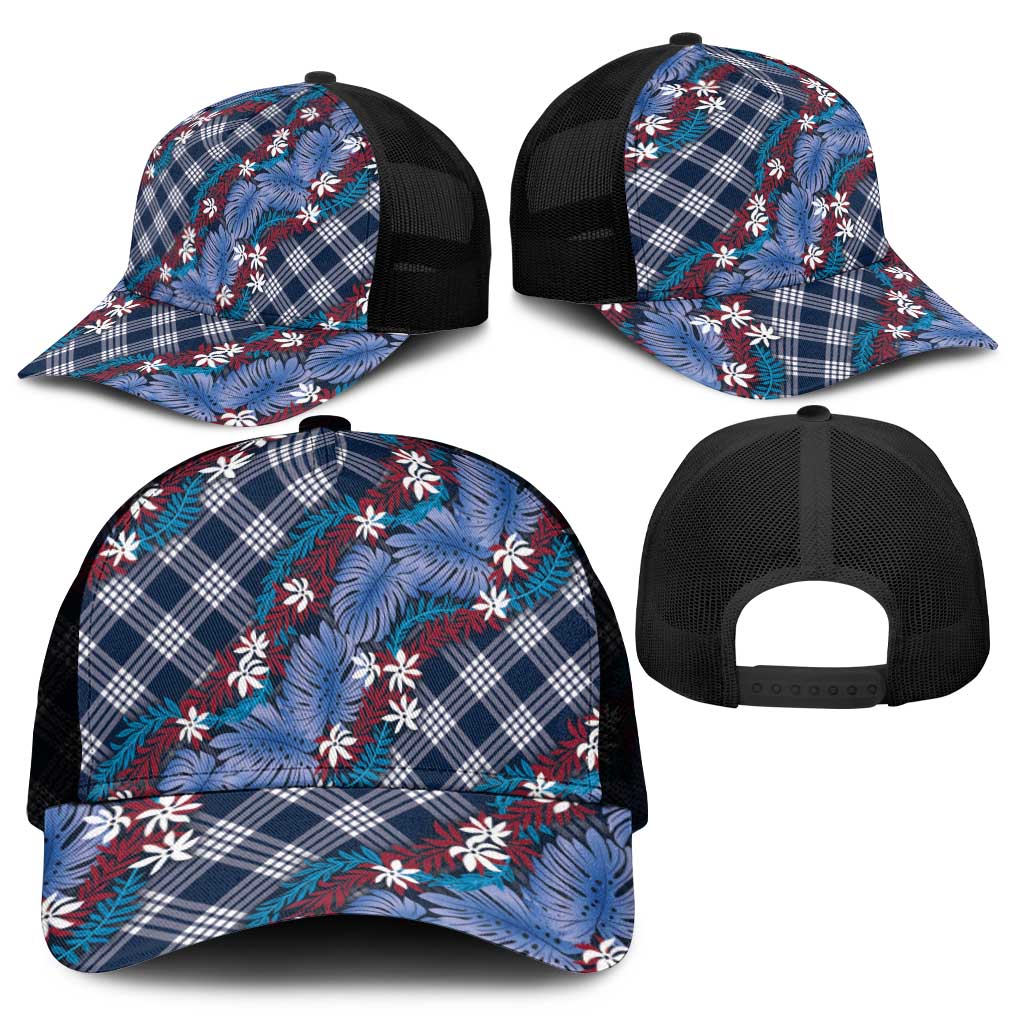 Polynesian Monstera Tiare Floral Mesh Trucker Cap Royal Blue Tropical Plaid - Polynesian Pride