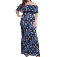 Polynesian Monstera Tiare Floral Off Shoulder Maxi Dress Royal Blue Tropical Plaid LT01 Women Blue - Polynesian Pride