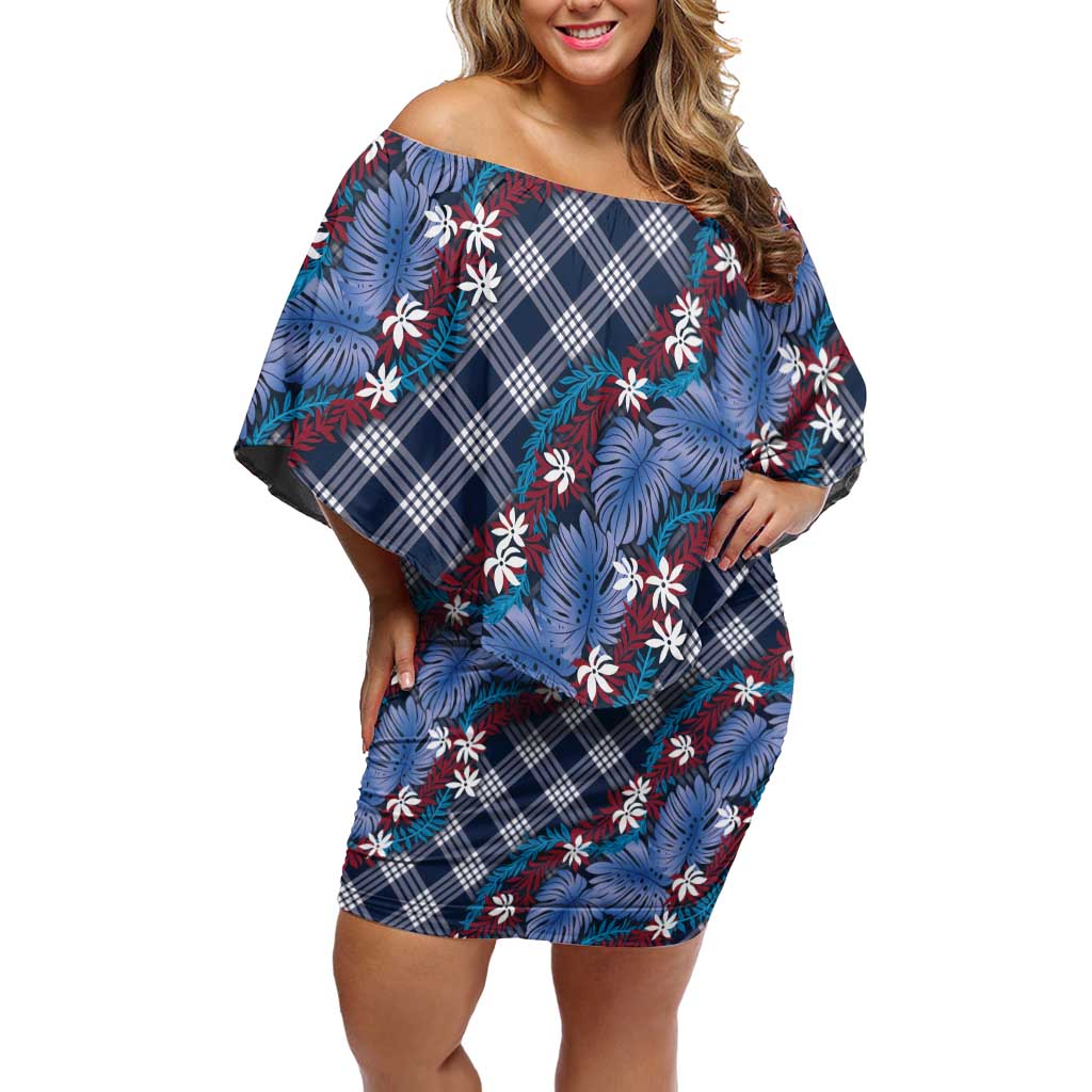Polynesian Monstera Tiare Floral Off Shoulder Short Dress Royal Blue Tropical Plaid LT01 Women Blue - Polynesian Pride