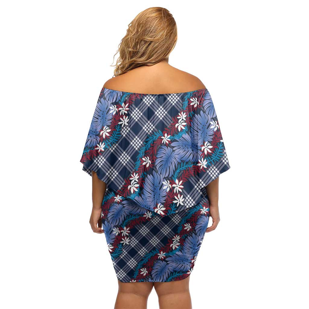Polynesian Monstera Tiare Floral Off Shoulder Short Dress Royal Blue Tropical Plaid LT01 - Polynesian Pride