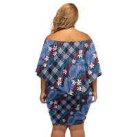 Polynesian Monstera Tiare Floral Off Shoulder Short Dress Royal Blue Tropical Plaid LT01 - Polynesian Pride