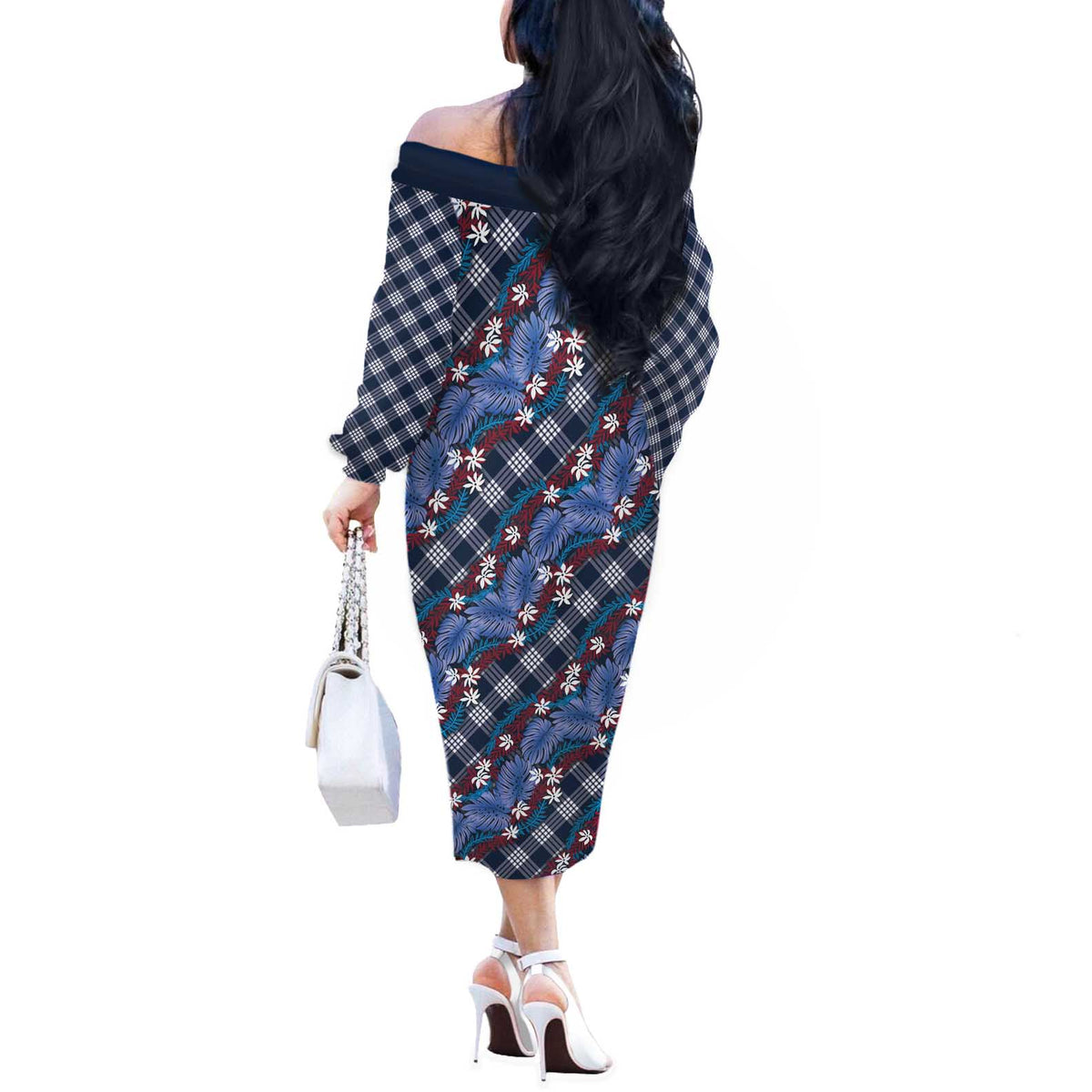 Polynesian Monstera Tiare Floral Off The Shoulder Long Sleeve Dress Royal Blue Tropical Plaid LT01 - Polynesian Pride