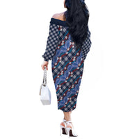 Polynesian Monstera Tiare Floral Off The Shoulder Long Sleeve Dress Royal Blue Tropical Plaid LT01 - Polynesian Pride