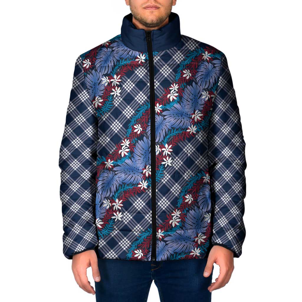 Polynesian Monstera Tiare Floral Padded Jacket Royal Blue Tropical Plaid LT01 Men Blue - Polynesian Pride