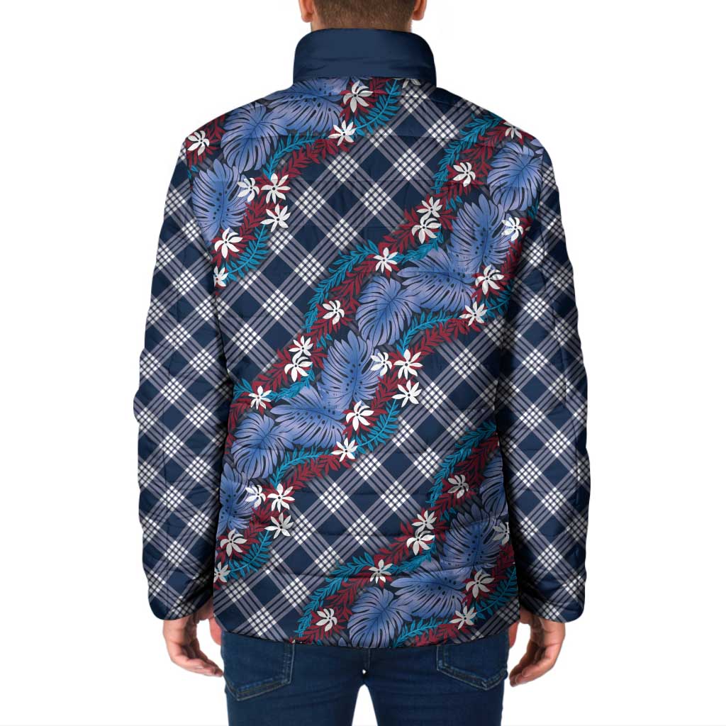 Polynesian Monstera Tiare Floral Padded Jacket Royal Blue Tropical Plaid LT01 - Polynesian Pride