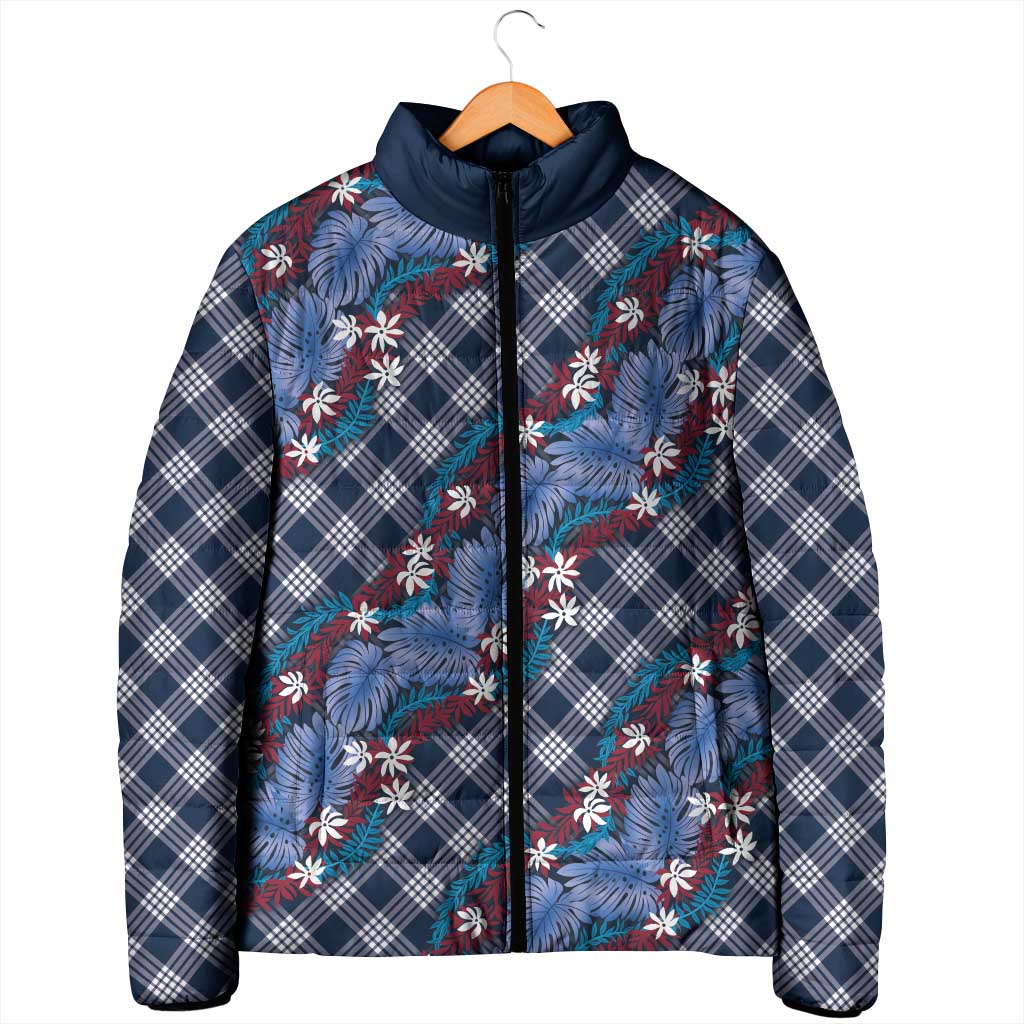 Polynesian Monstera Tiare Floral Padded Jacket Royal Blue Tropical Plaid LT01 - Polynesian Pride