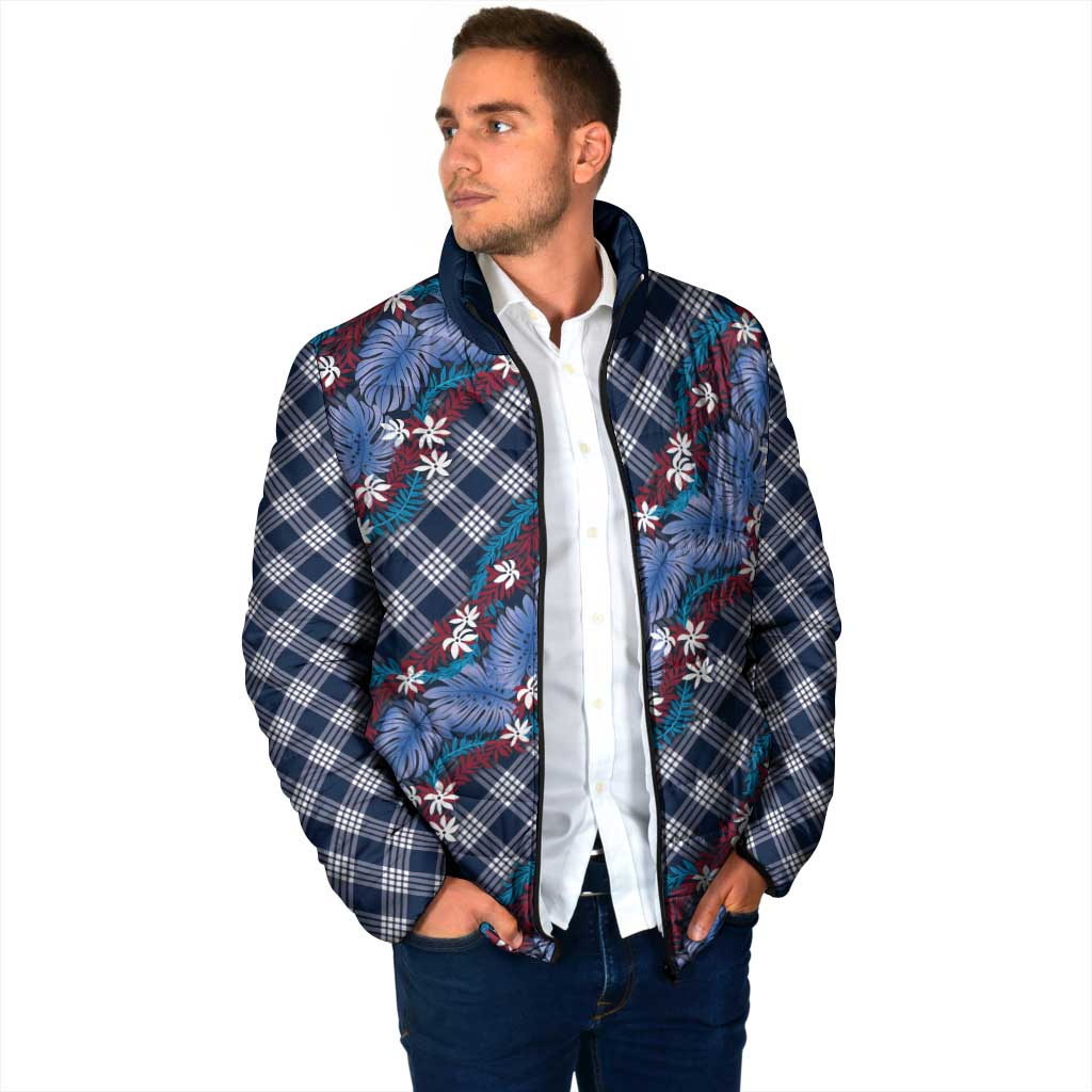 Polynesian Monstera Tiare Floral Padded Jacket Royal Blue Tropical Plaid LT01 - Polynesian Pride