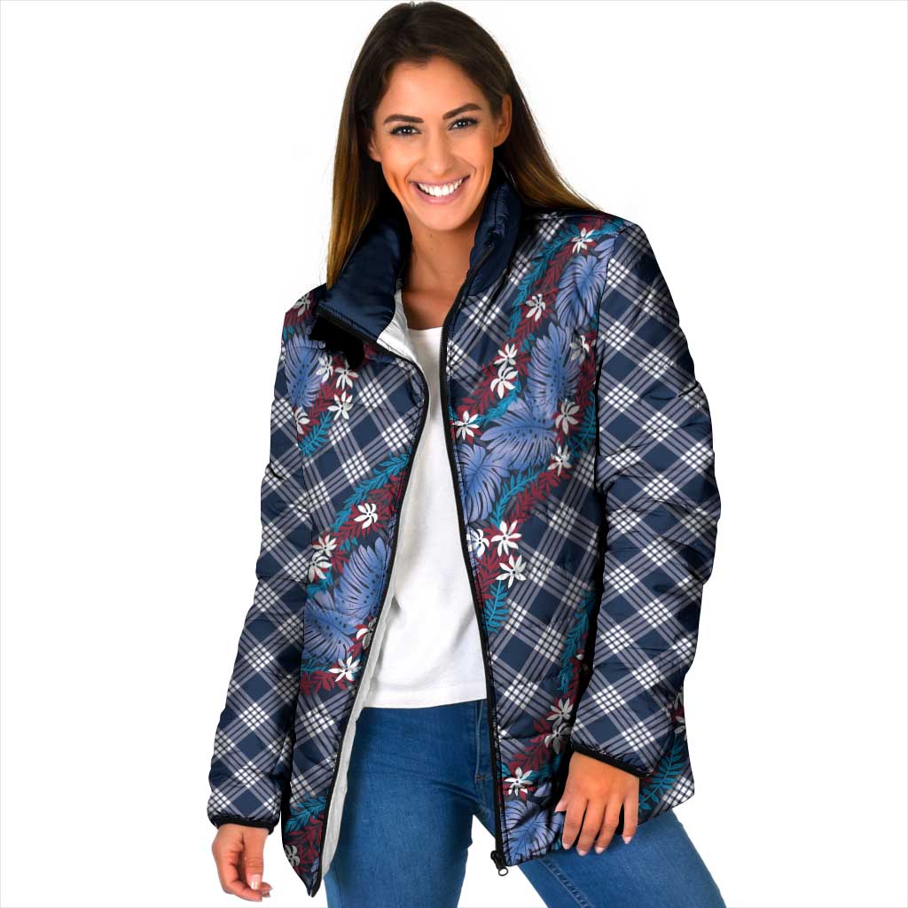 Polynesian Monstera Tiare Floral Padded Jacket Royal Blue Tropical Plaid LT01 Women Blue - Polynesian Pride