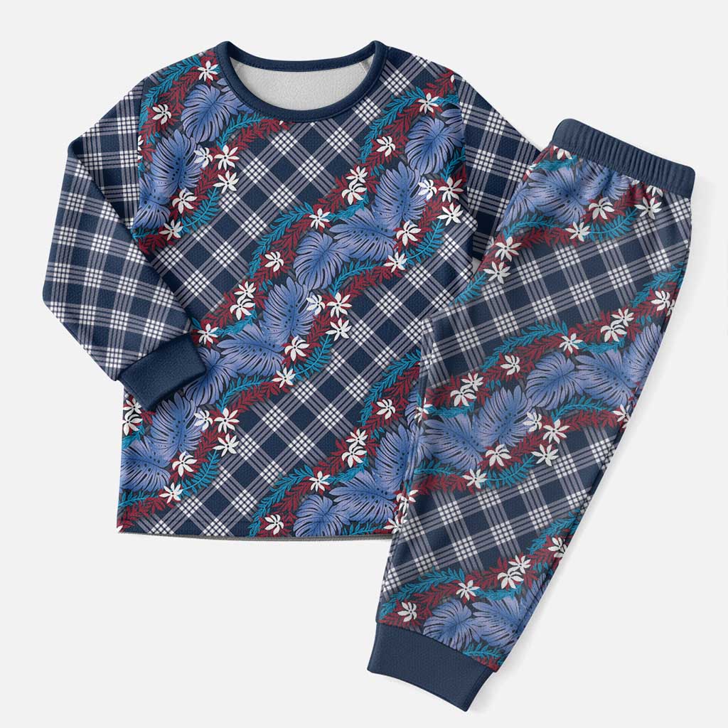 Polynesian Monstera Tiare Floral Christmas Pajama Set Royal Blue Tropical Plaid LT01 Men Blue - Polynesian Pride