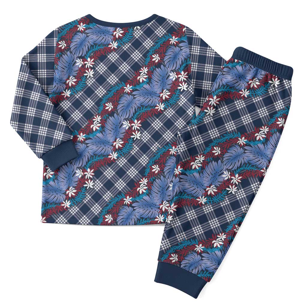 Polynesian Monstera Tiare Floral Christmas Pajama Set Royal Blue Tropical Plaid LT01 - Polynesian Pride