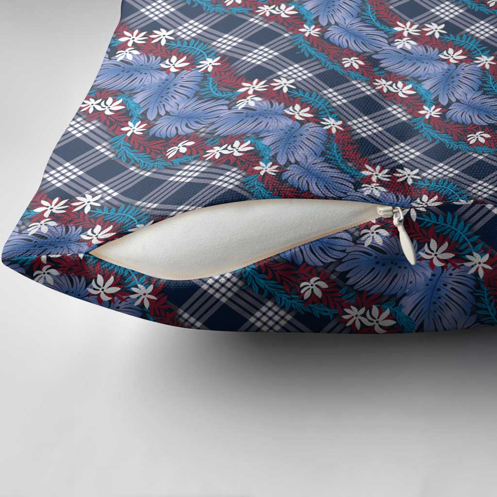 Polynesian Monstera Tiare Floral Pillow Cover Royal Blue Tropical Plaid - Polynesian Pride