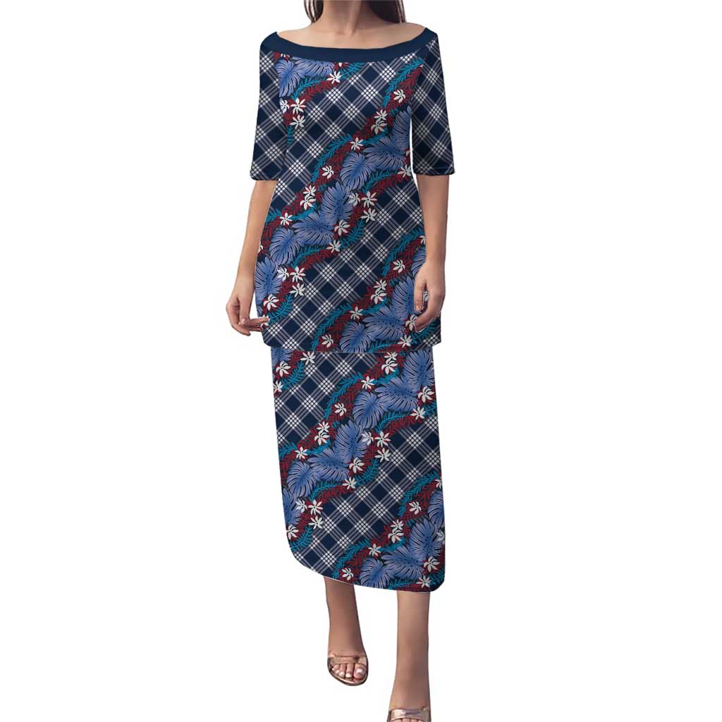 Polynesian Monstera Tiare Floral Puletasi Royal Blue Tropical Plaid LT01 Long Dress Blue - Polynesian Pride