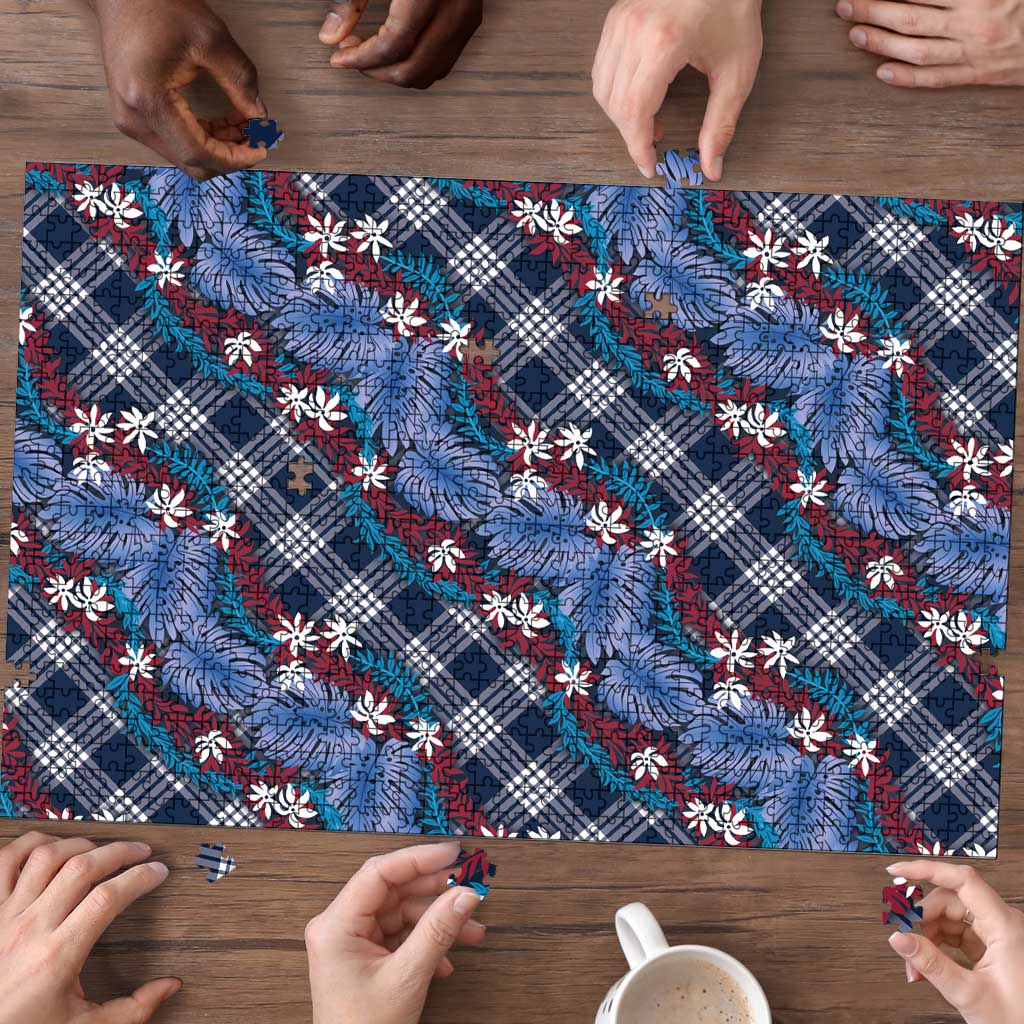 Polynesian Monstera Tiare Floral Puzzle Royal Blue Tropical Plaid LT01 - Polynesian Pride