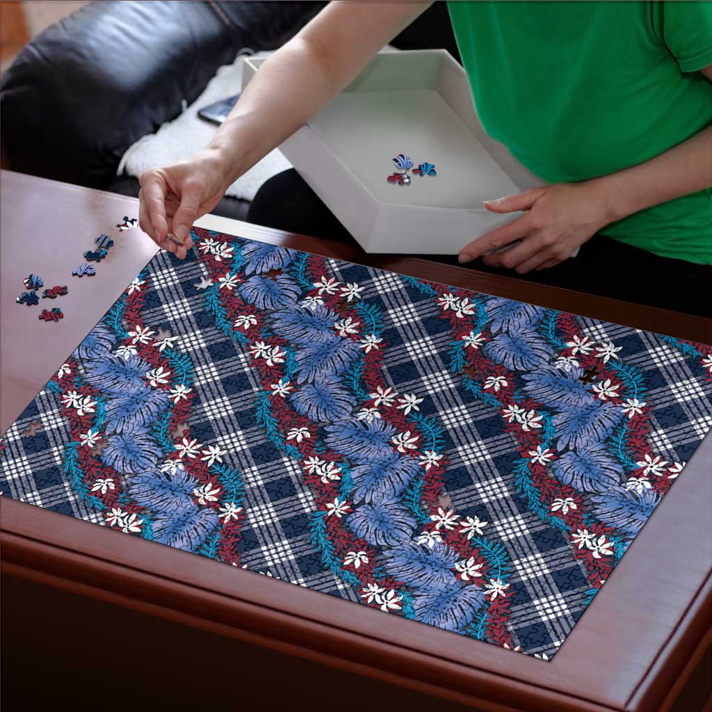 Polynesian Monstera Tiare Floral Puzzle Royal Blue Tropical Plaid LT01 - Polynesian Pride