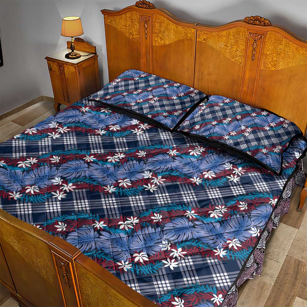 Polynesian Monstera Tiare Floral Quilt Bed Set Royal Blue Tropical Plaid - Polynesian Pride