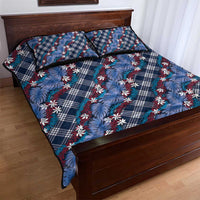 Polynesian Monstera Tiare Floral Quilt Bed Set Royal Blue Tropical Plaid - Polynesian Pride