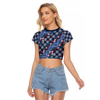 Polynesian Monstera Tiare Floral Raglan Cropped T Shirt Royal Blue Tropical Plaid LT01 Female Blue - Polynesian Pride